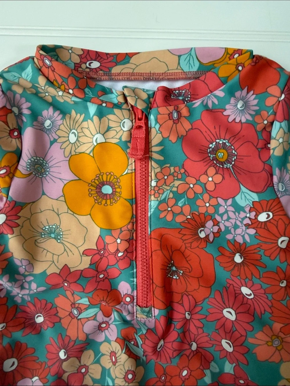 (026)Carter's Girls Floral Long-Sleeve Rashguard Swimsuit - Coral, Teal, Yellow